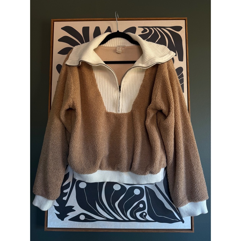 Anthropologie Dolan Teddy Faux Fur Ribbed Quarter Zip Pullover Brown L